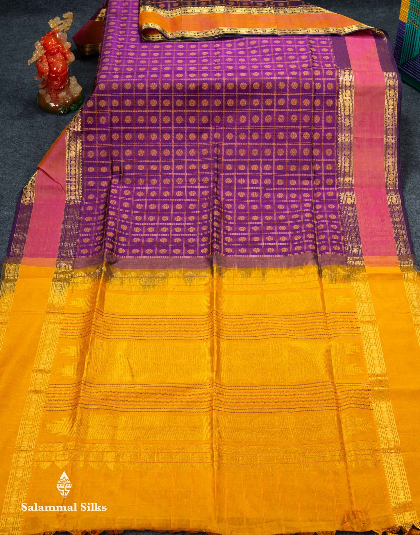 Beautiful Dark Maroon Rudraksha Butta With Checks Pure Silk Cotton Saree With Contrast Orange Traditional Gap Border