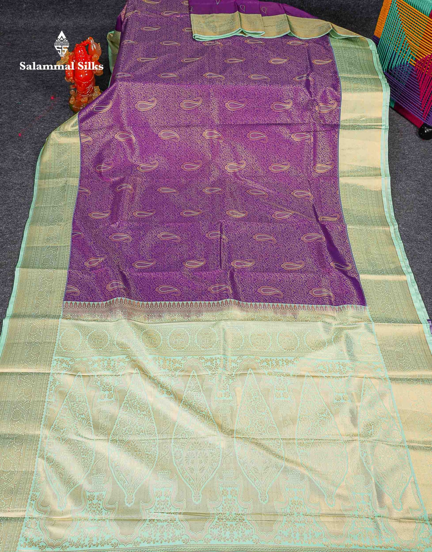Bridal Semi Silk Saree -  Purple Colour Body With Contrast Rexona Green Traditional Border 