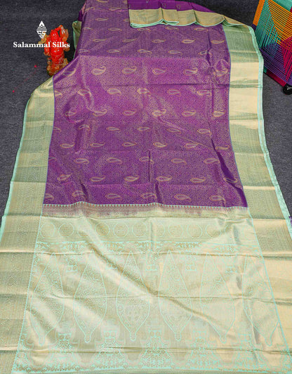 Bridal Semi Silk Saree -  Purple Colour Body With Contrast Rexona Green Traditional Border 