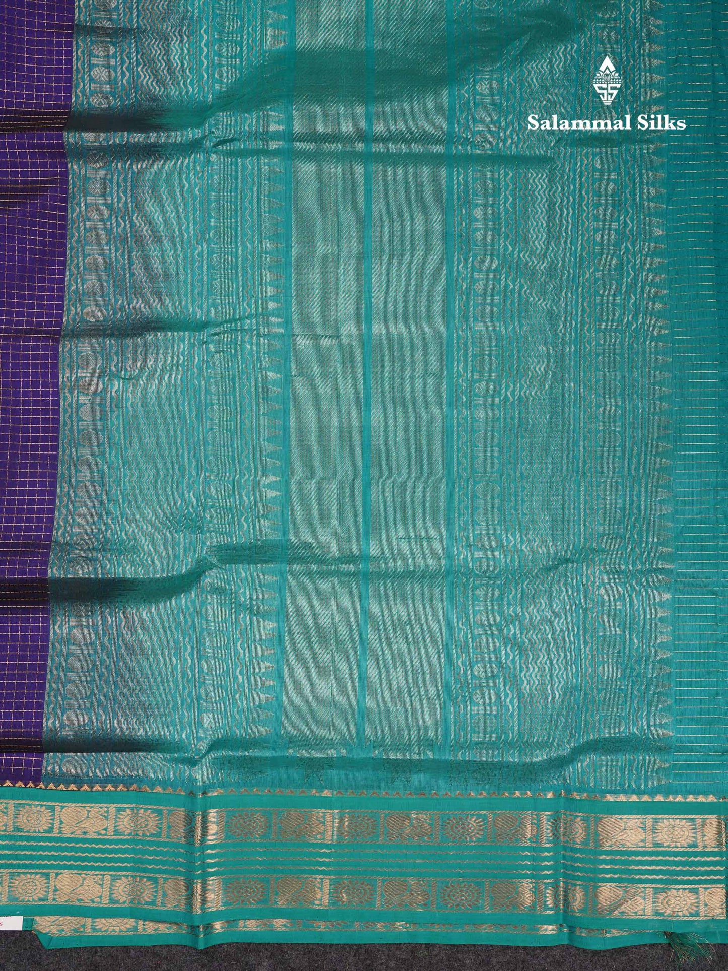 Beautiful Dual Tone Navy Blue Zari Checks Pure Silk Cotton Saree With Contrast Sapphire Green Traditional Border