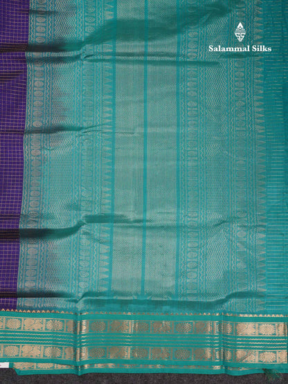 Beautiful Dual Tone Navy Blue Zari Checks Pure Silk Cotton Saree With Contrast Sapphire Green Traditional Border