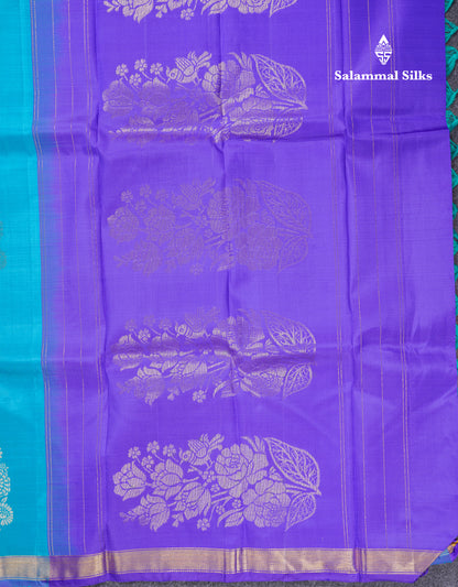 Beautiful Sky Blue Pure Kanjivaram Silk Saree With Contrast Violet Blouse