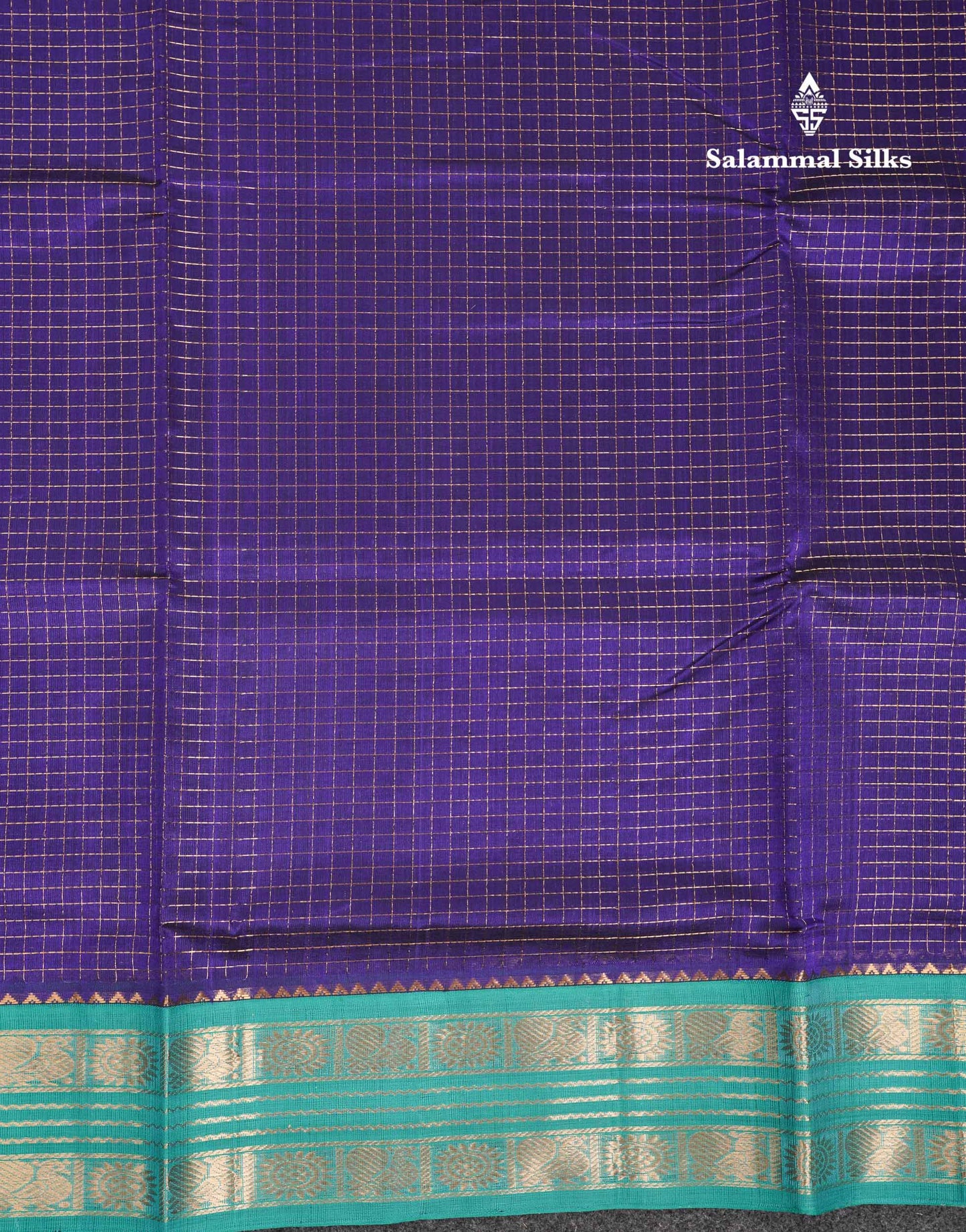 Beautiful Dual Tone Navy Blue Zari Checks Pure Silk Cotton Saree With Contrast Sapphire Green Traditional Border