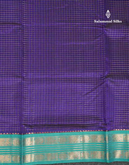 Beautiful Dual Tone Navy Blue Zari Checks Pure Silk Cotton Saree With Contrast Sapphire Green Traditional Border