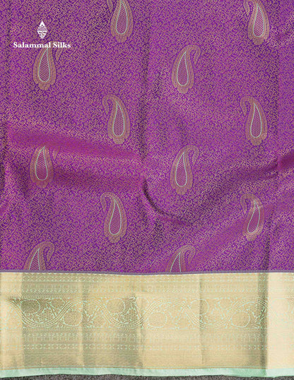 Bridal Semi Silk Saree -  Purple Colour Body With Contrast Rexona Green Traditional Border