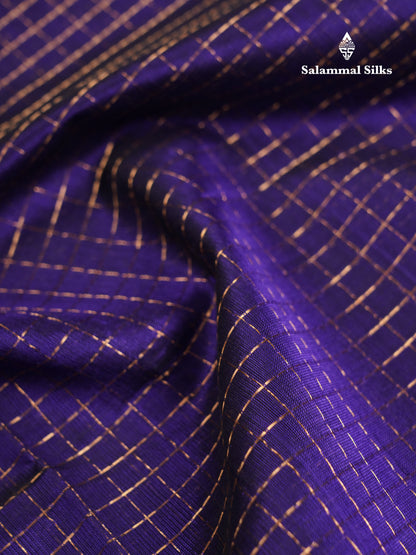 Beautiful Dual Tone Navy Blue Zari Checks Pure Silk Cotton Saree With Contrast Sapphire Green Traditional Border