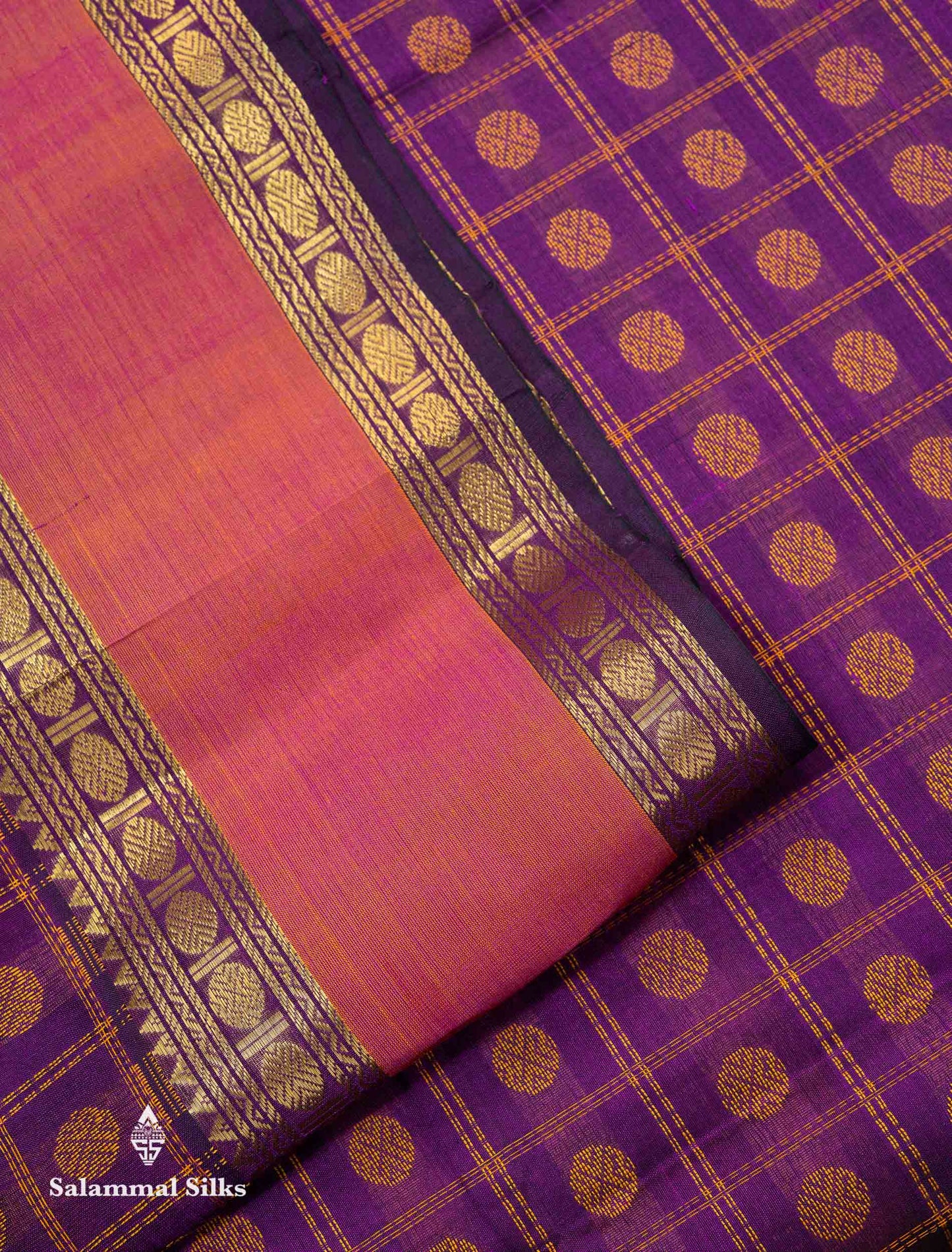 Beautiful Dark Maroon Rudraksha Butta With Checks Pure Silk Cotton Saree With Contrast Orange Traditional Gap Border