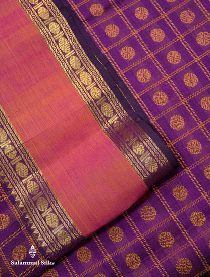 Beautiful Dark Maroon Rudraksha Butta With Checks Pure Silk Cotton Saree With Contrast Orange Traditional Gap Border