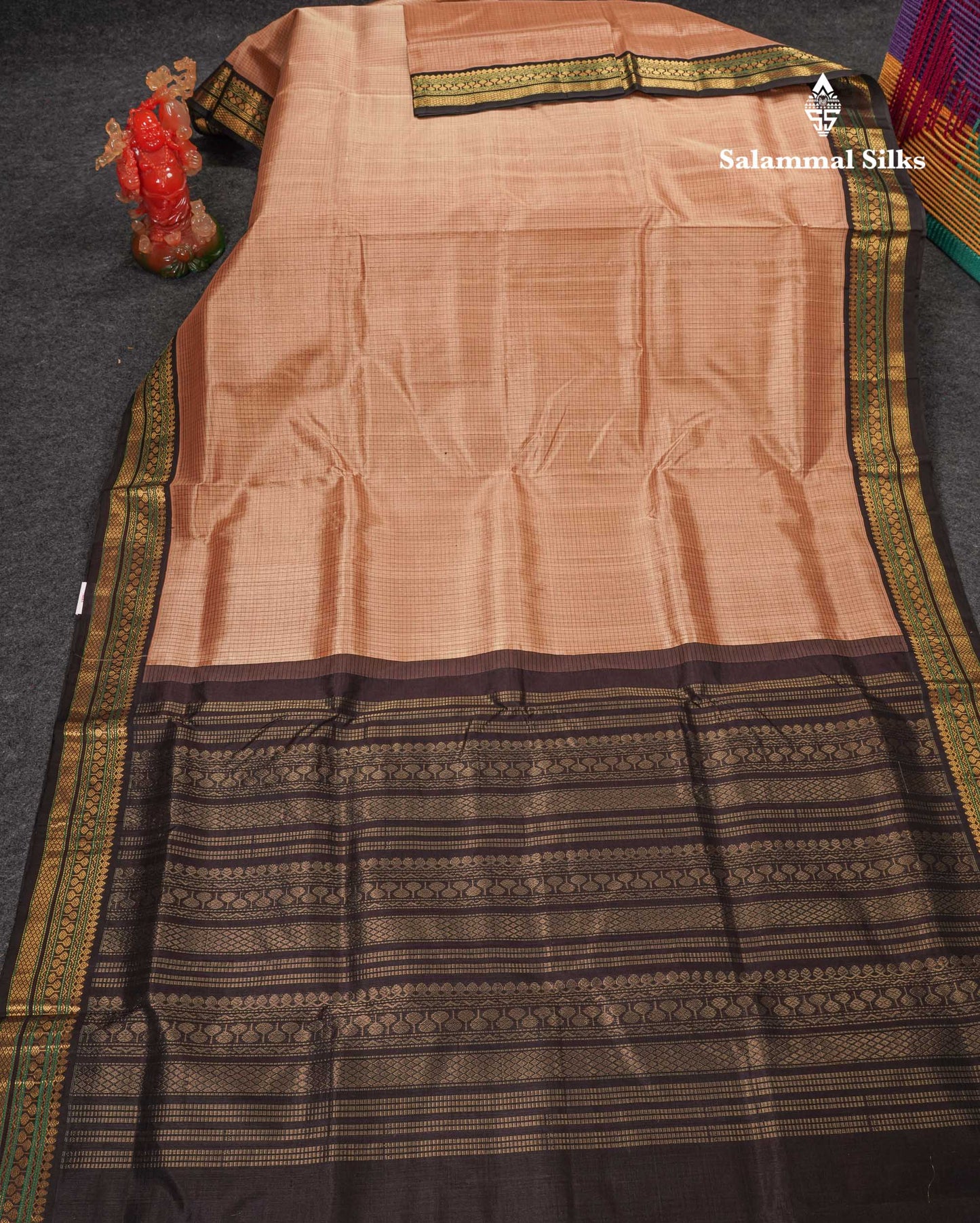 Beautiful Chocolate Small Check Pure Silk Cotton Saree With Contrast Dark Brown Traditional Border