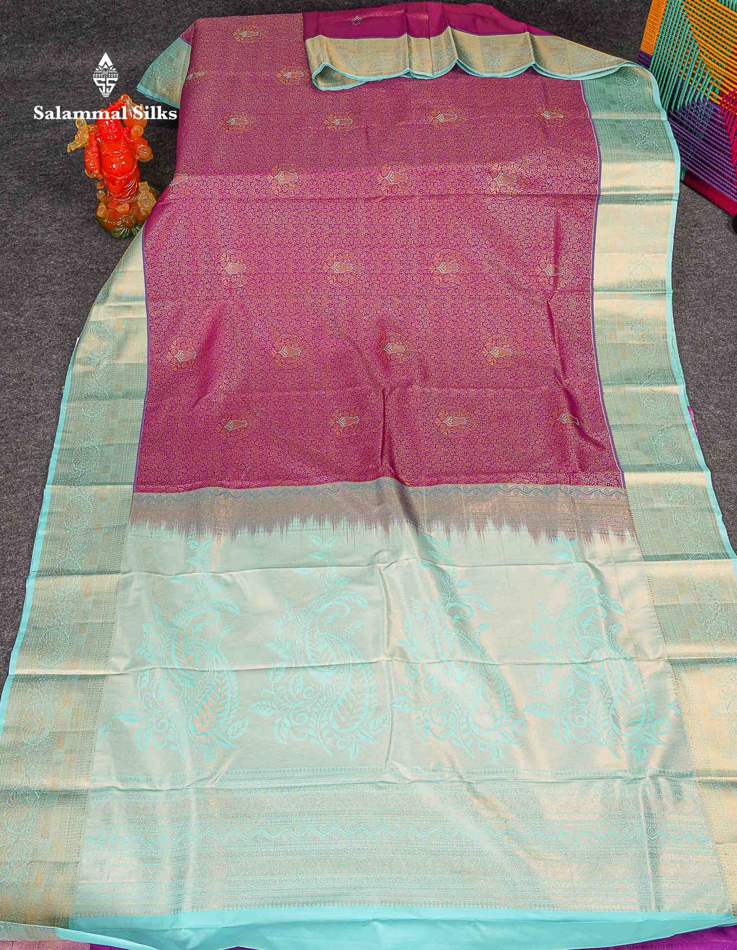 Bridal Semi Silk Saree -  Magenta Colour Body With Contrast Sea Blue Traditional Border 