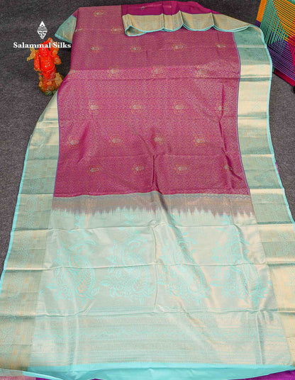 Bridal Semi Silk Saree -  Magenta Colour Body With Contrast Sea Blue Traditional Border 