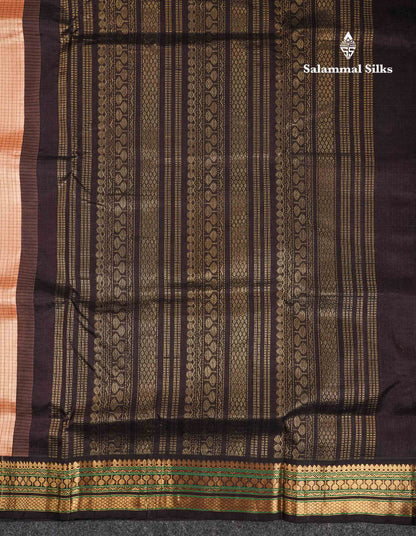 Beautiful Chocolate Small Check Pure Silk Cotton Saree With Contrast Dark Brown Traditional Border
