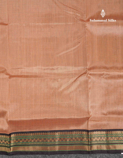 Beautiful Chocolate Small Check Pure Silk Cotton Saree With Contrast Dark Brown Traditional Border