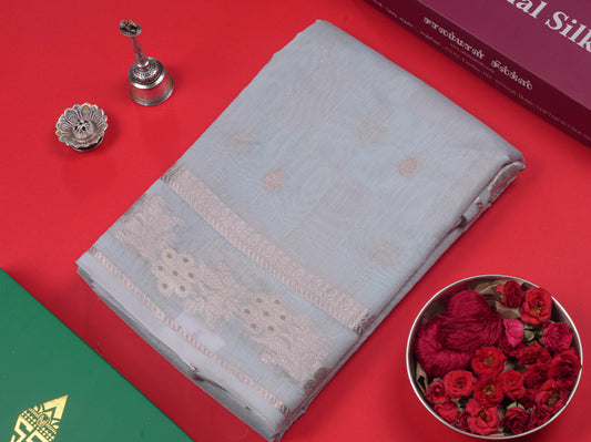Pastel Blue Colour Cotton Mix Saree With Silver Zari Menna Work Border
