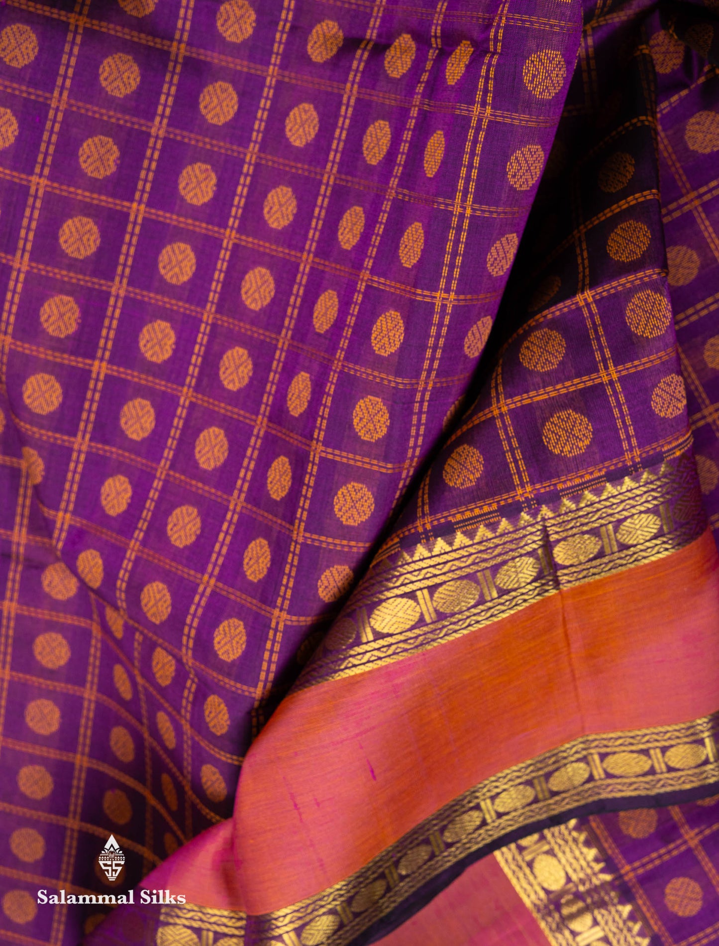 Beautiful Dark Maroon Rudraksha Butta With Checks Pure Silk Cotton Saree With Contrast Orange Traditional Gap Border