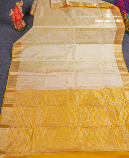 Beautiful Cream Sandal Pure Kanjivaram Silk Saree With Contrast Yellow Medium Traditional Border