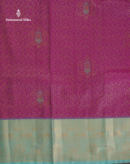 Bridal Semi Silk Saree -  Magenta Colour Body With Contrast Sea Blue Traditional Border