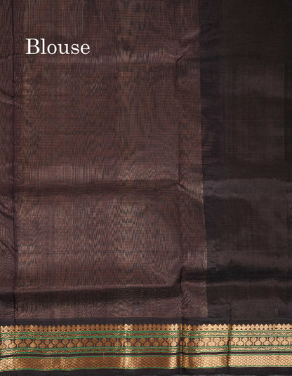 Beautiful Chocolate Small Check Pure Silk Cotton Saree With Contrast Dark Brown Traditional Border