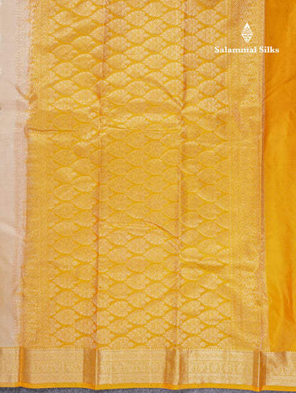 Beautiful Cream Sandal Pure Kanjivaram Silk Saree With Contrast Yellow Medium Traditional Border