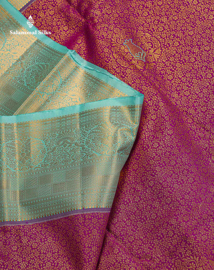 Bridal Semi Silk Saree -  Magenta Colour Body With Contrast Sea Blue Traditional Border