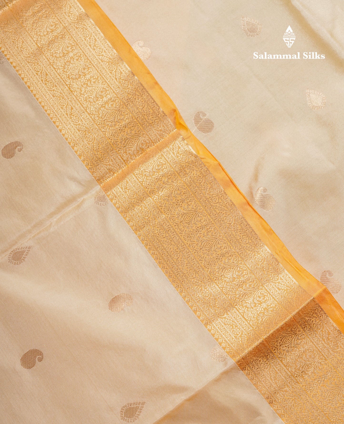 Beautiful Cream Sandal Pure Kanjivaram Silk Saree With Contrast Yellow Medium Traditional Border