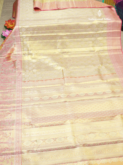 Beautiful Sandal Tissue Bridal Pure Kanjivaram Silk Saree With Contrast Meenakari Work Pink Border