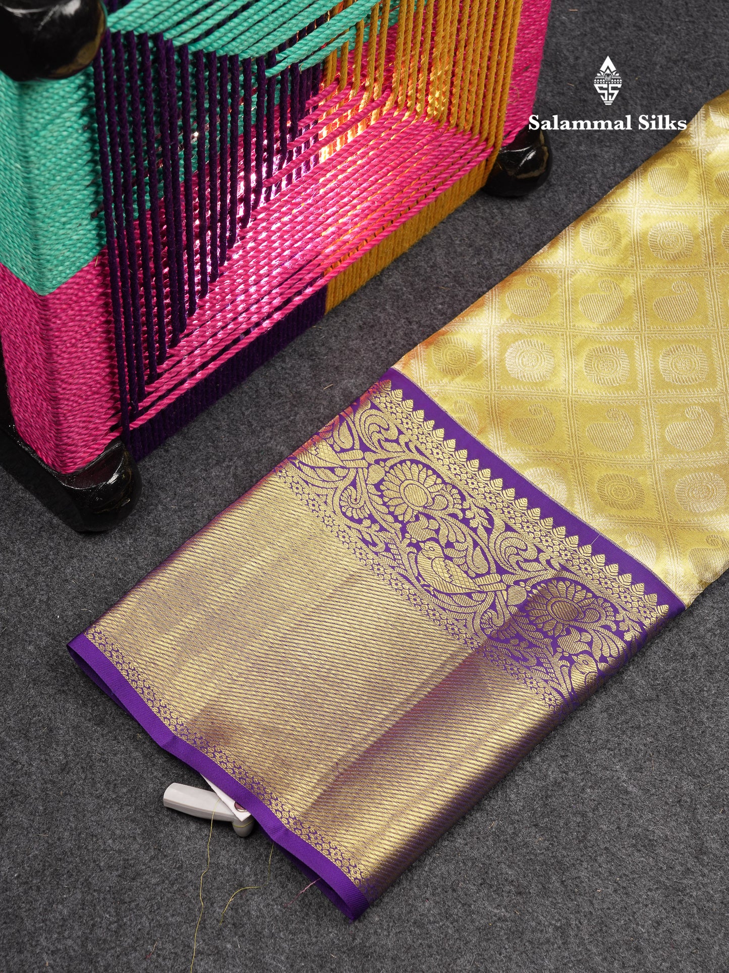 Beautiful Pure Silk Pattu Pavadai Tissue (Gold) With Contrast Navy Blue Blouse 45"