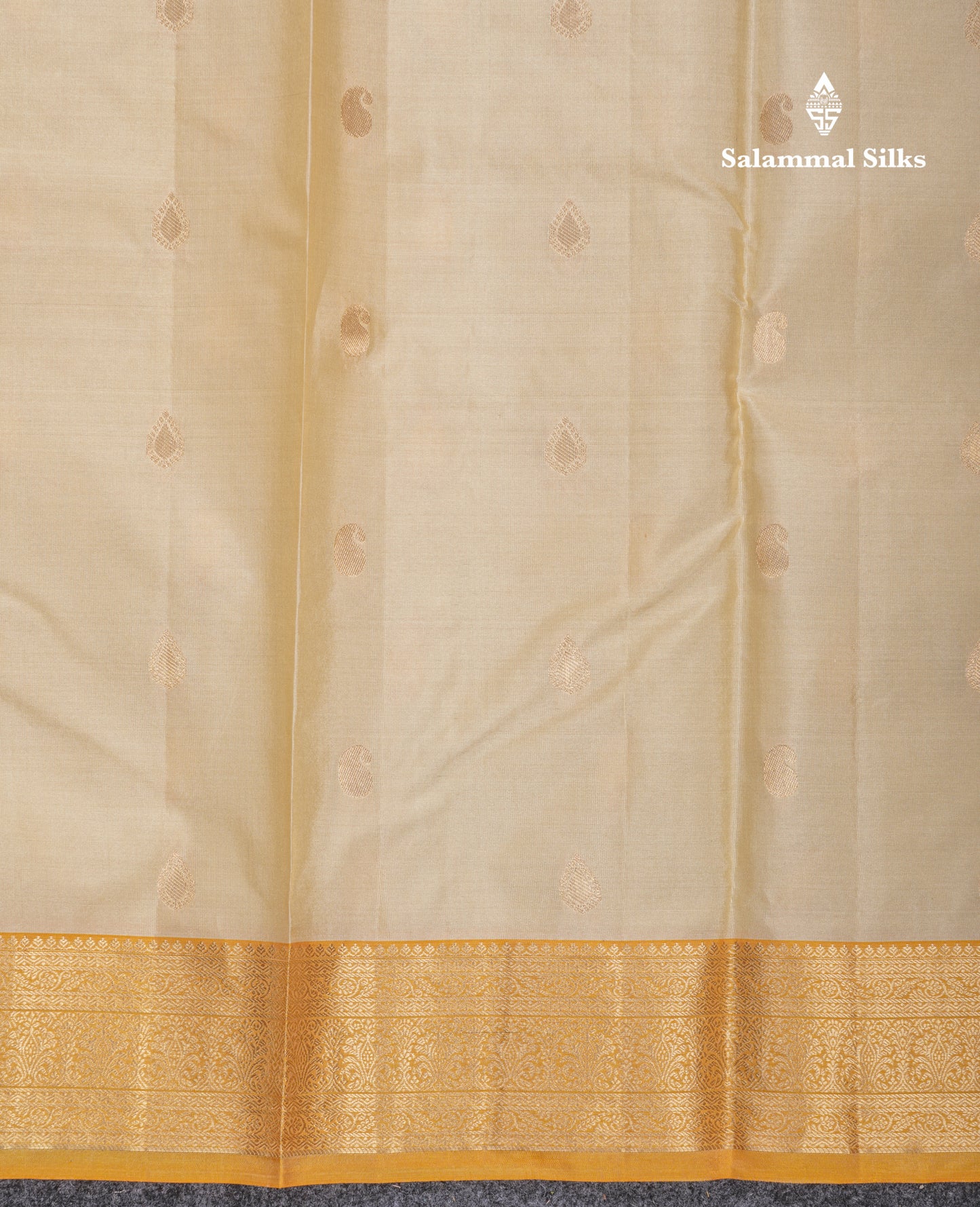 Beautiful Cream Sandal Pure Kanjivaram Silk Saree With Contrast Yellow Medium Traditional Border