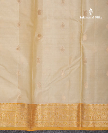 Beautiful Cream Sandal Pure Kanjivaram Silk Saree With Contrast Yellow Medium Traditional Border