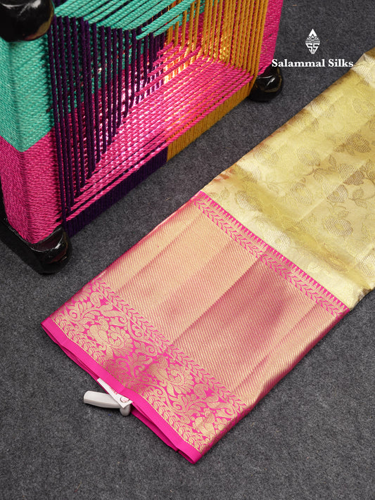 Beautiful Pure Silk Pattu Pavadai Tissue (Gold) With Contrast Pink Blouse 45"