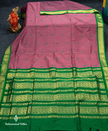 Beautiful Light Chocolate Thread Butta Kalyani Cotton Saree With Contrast Green Traditional Border