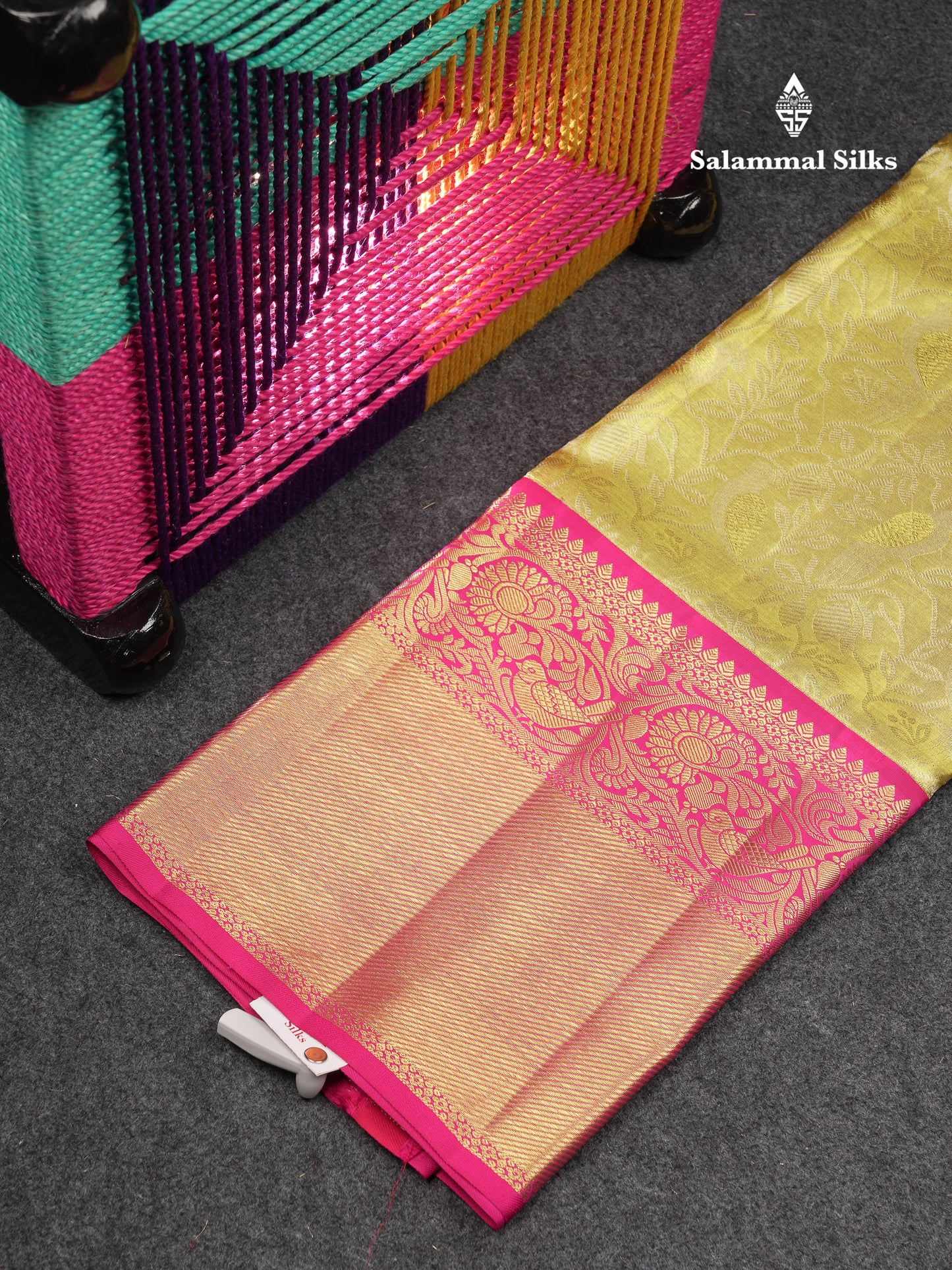 Beautiful Pure Silk Pattu Pavadai Tissue (Gold) With Contrast Pink Blouse 45"