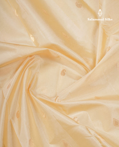 Beautiful Cream Sandal Pure Kanjivaram Silk Saree With Contrast Yellow Medium Traditional Border
