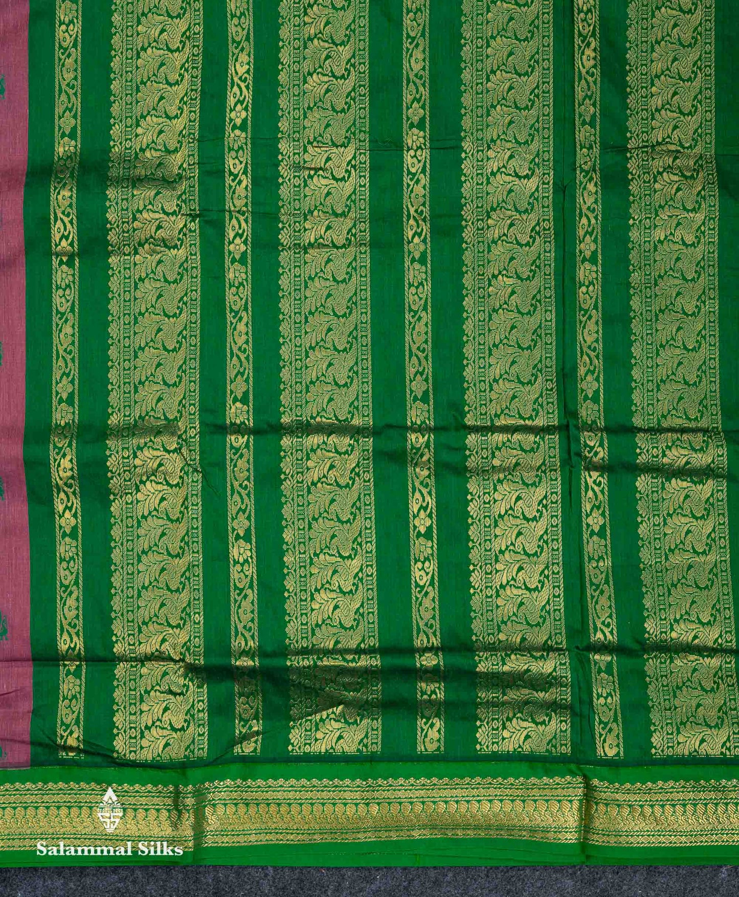 Beautiful Light Chocolate Thread Butta Kalyani Cotton Saree With Contrast Green Traditional Border