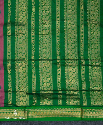 Beautiful Light Chocolate Thread Butta Kalyani Cotton Saree With Contrast Green Traditional Border
