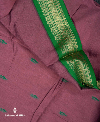 Beautiful Light Chocolate Thread Butta Kalyani Cotton Saree With Contrast Green Traditional Border