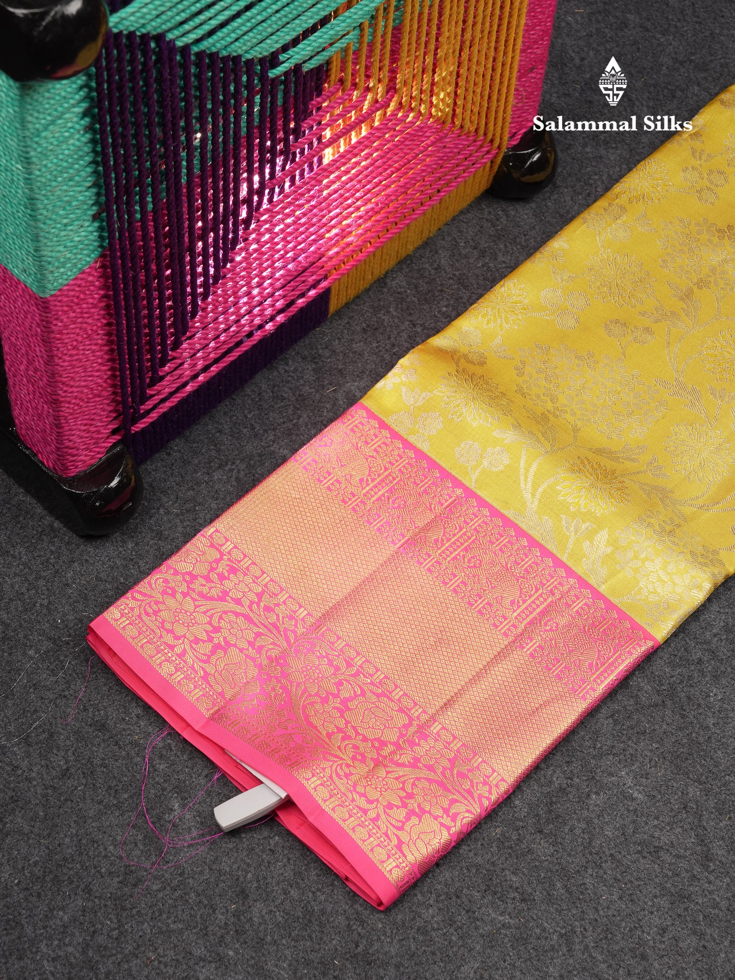 Beautiful Pure Silk Pattu Pavadai Tissue (Yellow) With Contrast Pink Blouse 45"