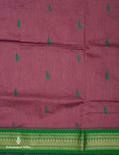 Beautiful Light Chocolate Thread Butta Kalyani Cotton Saree With Contrast Green Traditional Border
