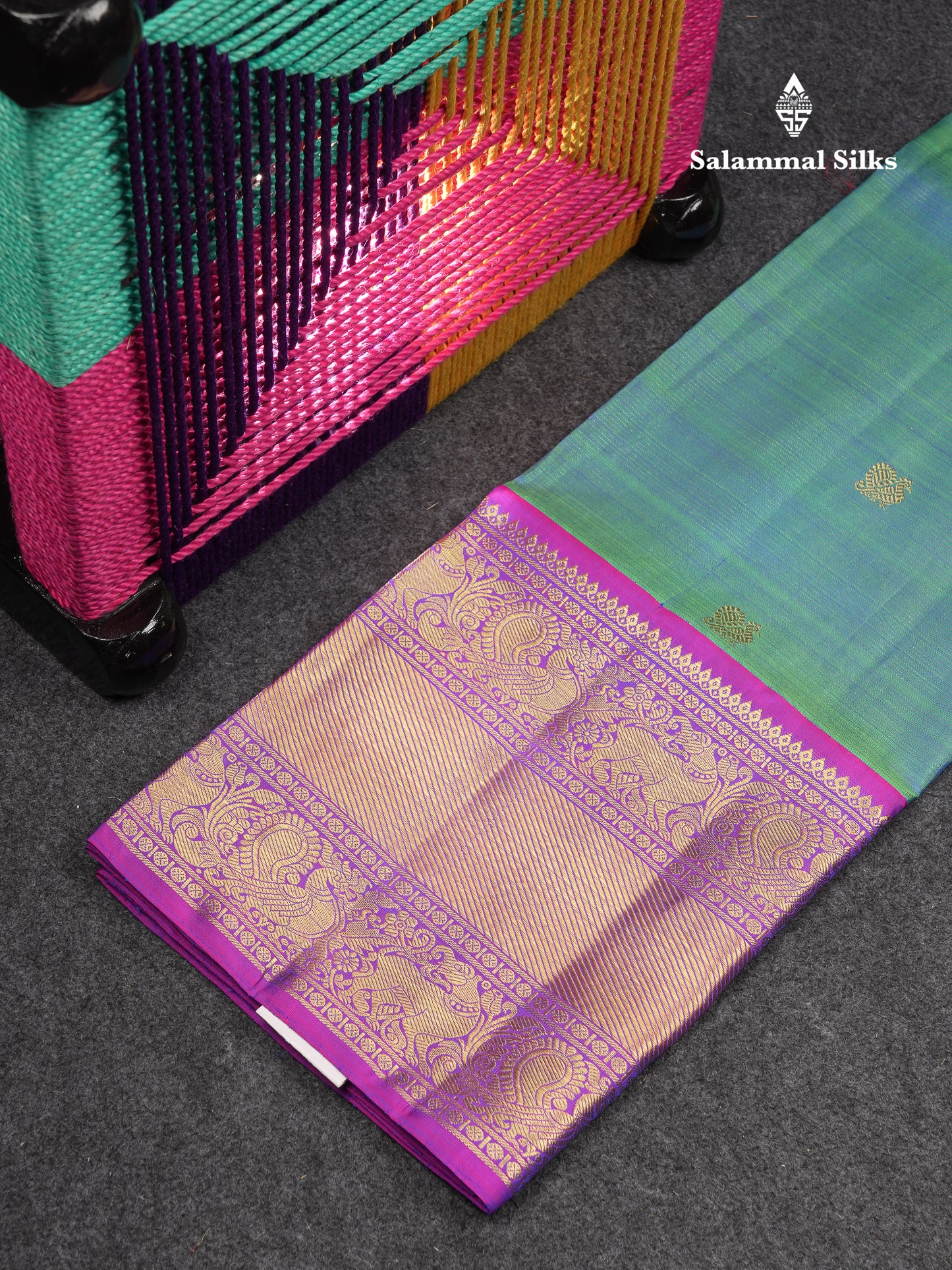 Beautiful Pure Silk Pattu Pavadai (Dual Tone Peacock Blue) With Contrast Purple Blouse 44"