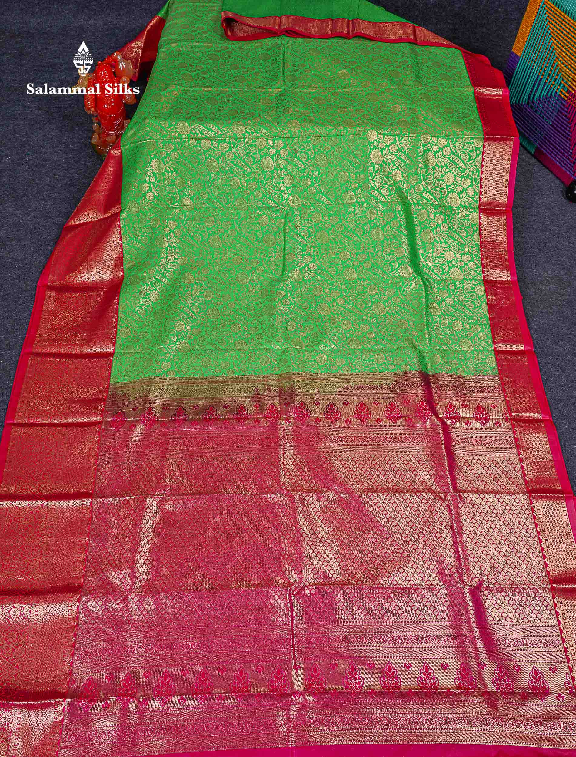 Bridal Semi Silk Saree -  Parrot Green Colour Body With Contrast Pink Evening Morning Border 