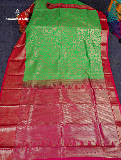 Bridal Semi Silk Saree -  Parrot Green Colour Body With Contrast Pink Evening Morning Border 