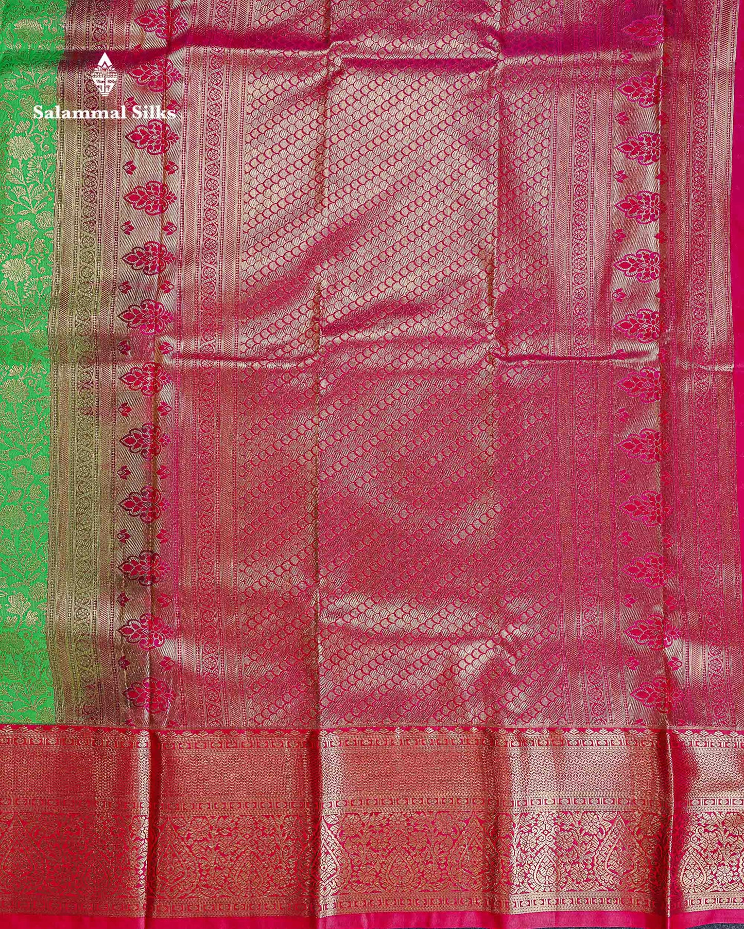 Bridal Semi Silk Saree -  Parrot Green Colour Body With Contrast Pink Evening Morning Border