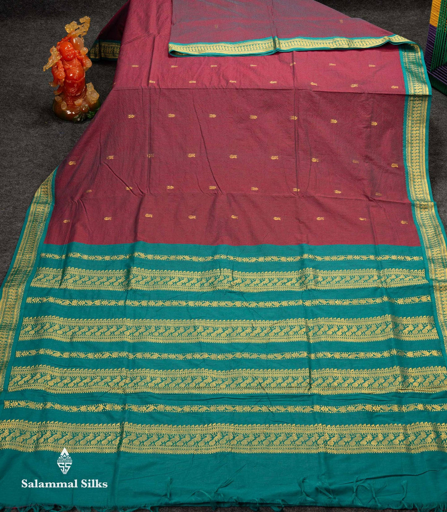 Beautiful Dual Tone Maroon Zari Butta Kalyani Cotton Saree With Contrast Peacock Green Traditional Border
