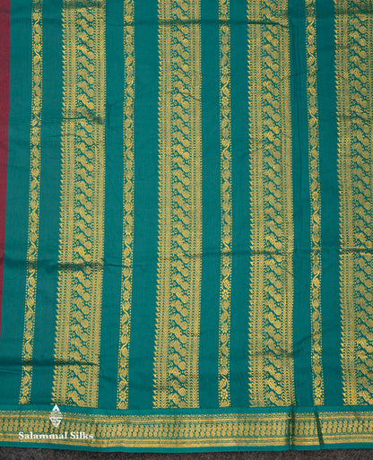 Beautiful Dual Tone Maroon Zari Butta Kalyani Cotton Saree With Contrast Peacock Green Traditional Border