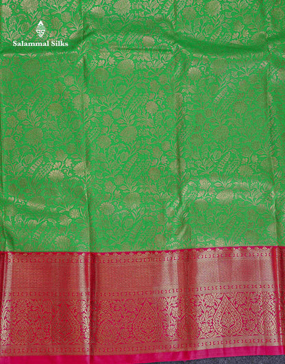Bridal Semi Silk Saree -  Parrot Green Colour Body With Contrast Pink Evening Morning Border