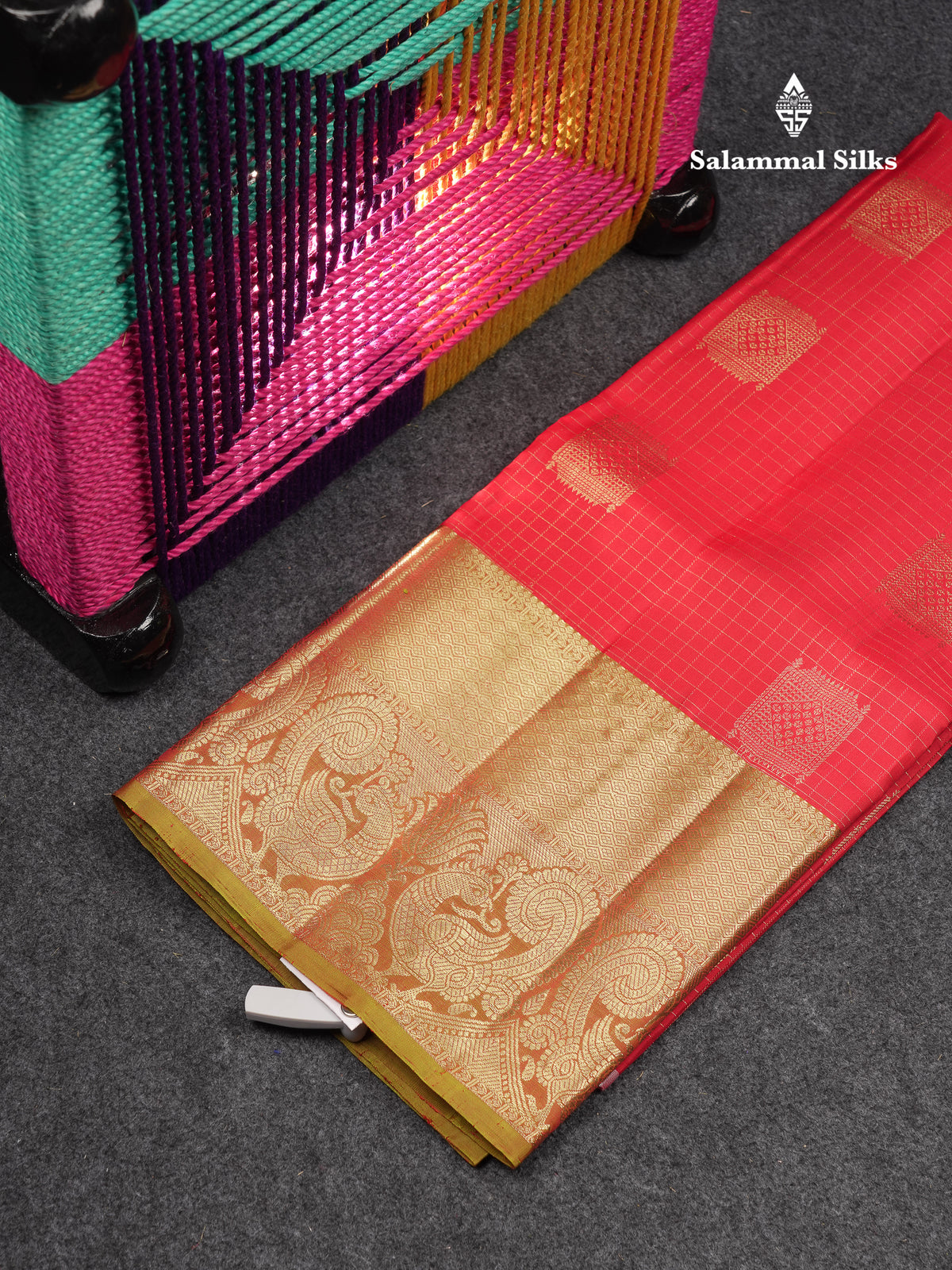 Beautiful Pure Silk Pattu Pavadai Checks With Butta (Chilly Red) With Contrast Olive Green Blouse 45"