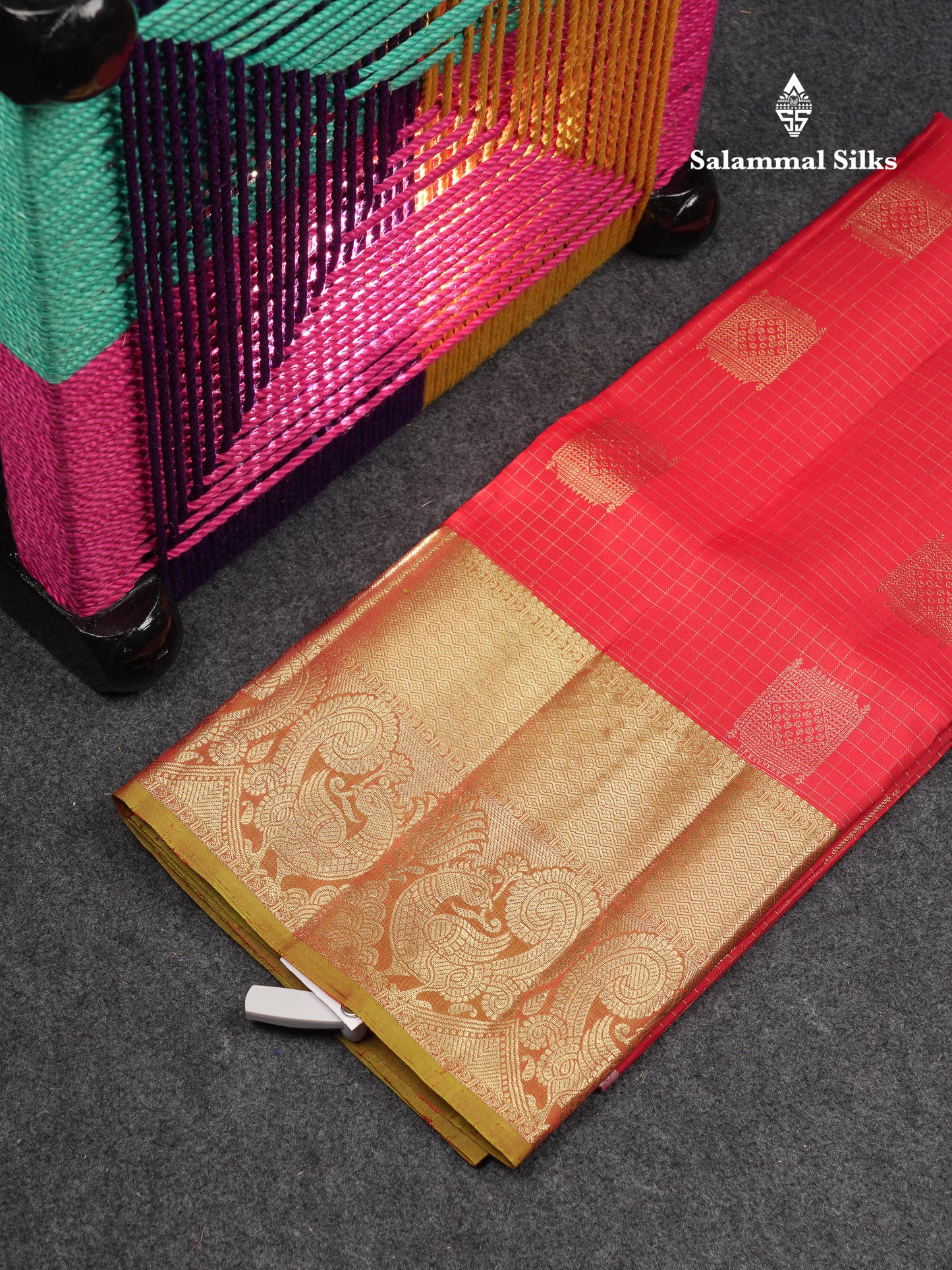 Beautiful Pure Silk Pattu Pavadai Checks With Butta (Chilly Red) With Contrast Olive Green Blouse 45"