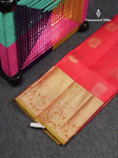 Beautiful Pure Silk Pattu Pavadai Checks With Butta (Chilly Red) With Contrast Olive Green Blouse 45"