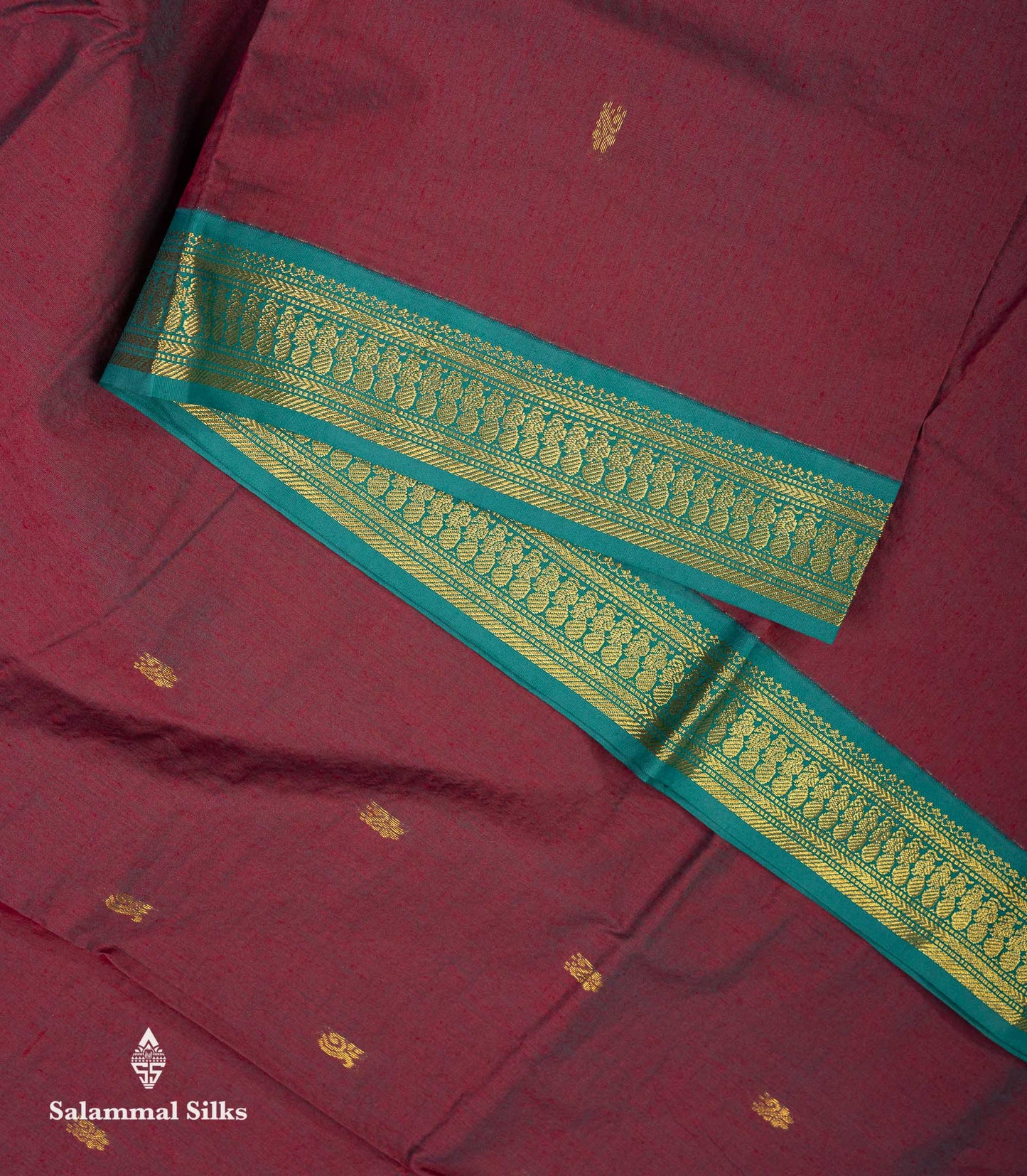 Beautiful Dual Tone Maroon Zari Butta Kalyani Cotton Saree With Contrast Peacock Green Traditional Border
