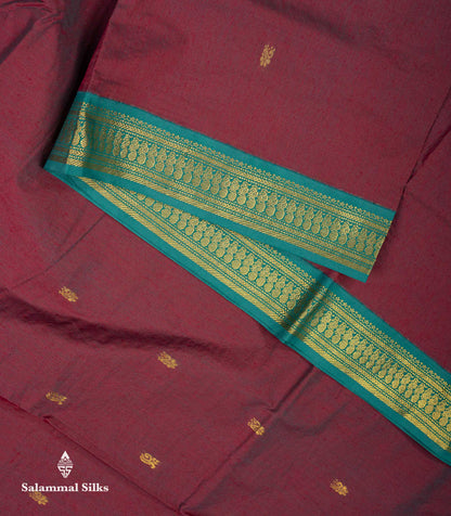 Beautiful Dual Tone Maroon Zari Butta Kalyani Cotton Saree With Contrast Peacock Green Traditional Border